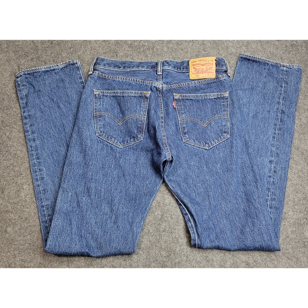 Levis 501 Jeans Mens 31x34 Blue Denim Red Tab Americana Straight Leg Button Fly - Picture 3 of 14